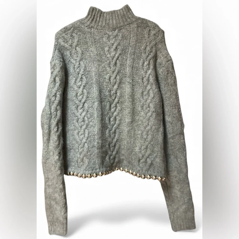 Zara Grey Cable‎ Knit Mock Neck Sweater Beaded Hem NWT Size Large - Picture 3 of 12